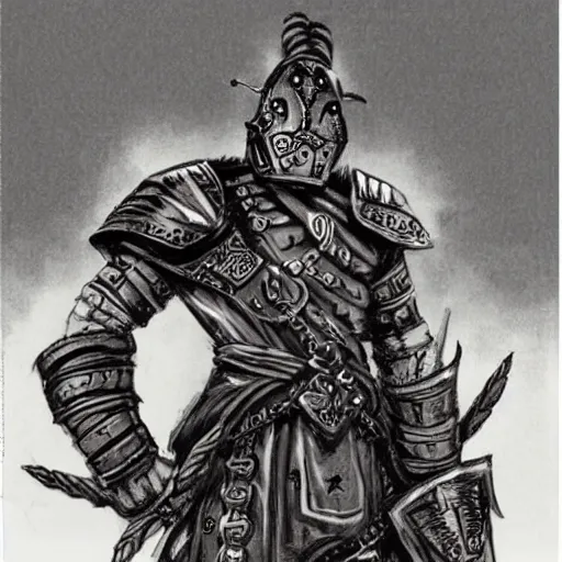 Image similar to a kislev warrior who is wearing iron gauntlets in the shape of bear claws in the style of warhammer fantasy : : head and shoulders drawing