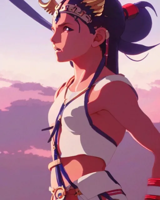 Prompt: young britney spears as an azctec warrior, detailed perfect face, exquisite details, fire magic, mid view, design on a white background, by studio muti, greg rutkowski makoto shinkai takashi takeuchi studio ghibli