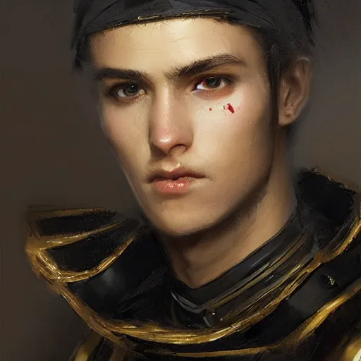 Image similar to Medium closeup young idealistic and pious male Imperial soldier wearing a black tabard with light yellow accents over a gambeson and a steel open helm, by Raymond Swanland Greg Rutkowski Lise Deharm, {perfect face}, {perfect eyes}