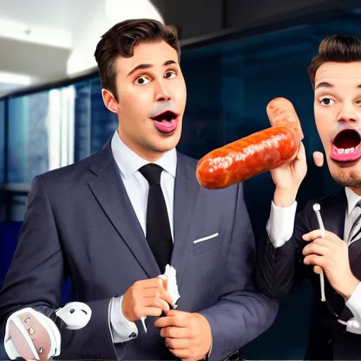 Prompt: a handsome news reporter with a symmetric face, a reporter holding a sausage to his face as a microphone, a frankfurter sausage as microphone, breaking news