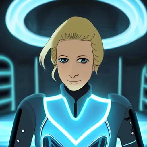 Image similar to Annie Leonhart in a Tron movie, atmospheric photo, beautiful face, cute, realistic skin, beautiful eyes