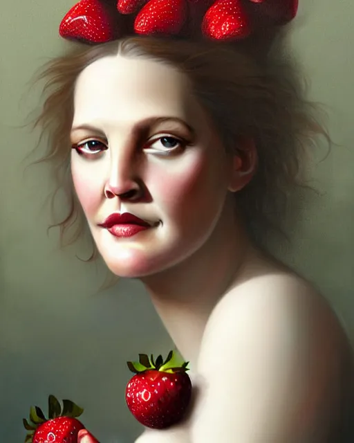 Image similar to beauty portrait, drew barrymore, strawberries, wild berries, by tom bagshaw, greg rutkowski, intricate background