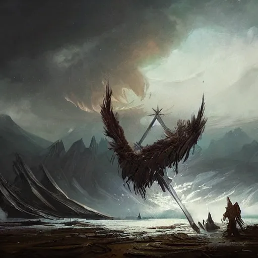 Image similar to a windswept legendary epic landscape resembling the ace of swords tarot card!! by greg rutkowski, painterly style, highly detailed