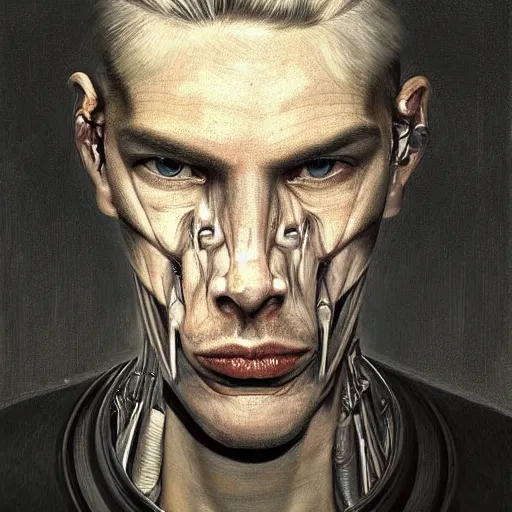 Image similar to surreal portrait of a man by Greg Rutkowski and H.R Giger, symmetrical face, he is about 30 years old, west slav features, short blonde hair with bangs, attractive, smart looking, slim, somewhat androgenic, transformed into a kind of biomechanical transhuman god, disturbing, terrifying but fascinating, with a determined and sinister expression on his face, cosmic void background, frightening, fascinating, highly detailed portrait, digital painting, book cover, artstation, concept art, smooth, sharp foccus ilustration, Artstation HQ