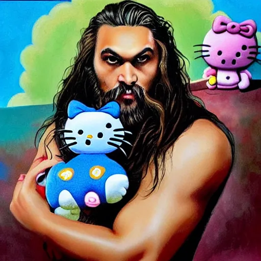 Image similar to Jason Momoa holding a Hello Kitty plushie, lowbrow painting by Mark Ryden