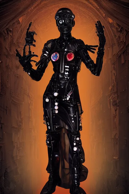 Image similar to full-body cyberpunk style sculpture of a young beautiful dark priestess, half android with a head opening exposing circuitry, glowing red eyes, black roses, flowing blood-red colored silk, fabric, candles, baroque elements, human skulls. full-length view. baroque element. intricate artwork by Caravaggio. crows flying in background. Trending on artstation. cinematic lighting from the right. hyper realism, octane render, 8k, depth of field, 3D