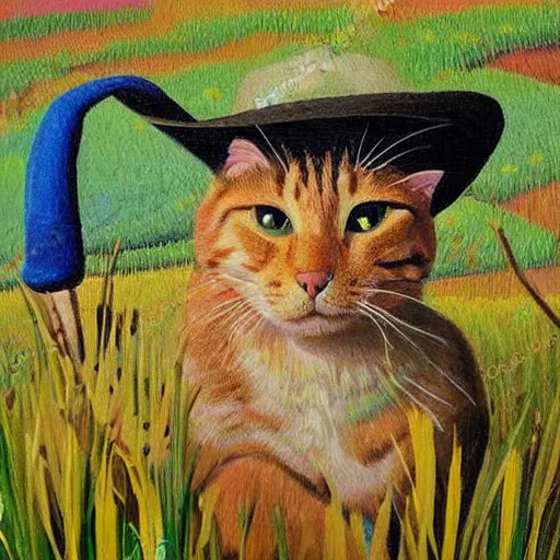 Prompt: a cat with painter hat painting in the fields, overlooking a wheat field