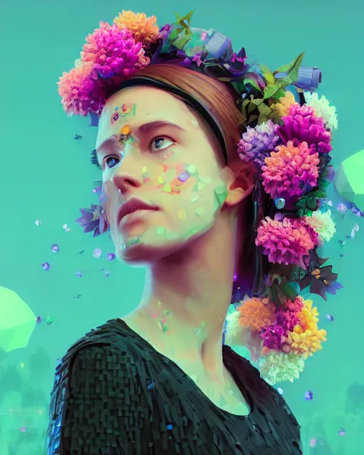 Image similar to a digital painting of a woman with flowers in her hair, cyberpunk art by beeple, behance contest winner, retrofuturism, voxel art, # pixelart, dystopian art