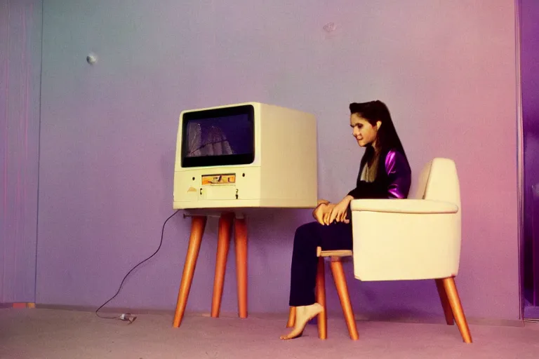 Image similar to first-person closeup view of young woman wearing discowear sitting inside of a 1970s luxury a-frame cabin with a soviet computer console on the wall and ambient lighting, large windows, an exterior of an purple evening ocean beach, ektachrome photograph, f8 aperture