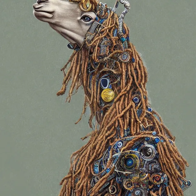 Image similar to llama with dreadlocks, by mandy jurgens, ernst haeckel, james jean. in the style of industrial scifi