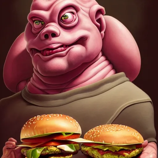 Image similar to portrait of krang from tmnt eating hamburgers, extra onions and ketchup, luscious patty with sesame seeds, feminine ethereal, handsome, d & d, fantasy, intricate, elegant, highly detailed, digital painting, artstation, concept art, matte, sharp focus, illustration, art by artgerm and greg rutkowski and alphonse mucha