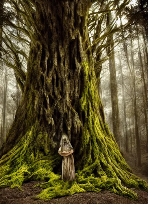 Prompt: photograph of hyperrealistic hyperdetailed ancient tree containing an ancient kind woman face covered with bark and moss, in a dark mysterious dark forest, dramatic mysterious lighting,