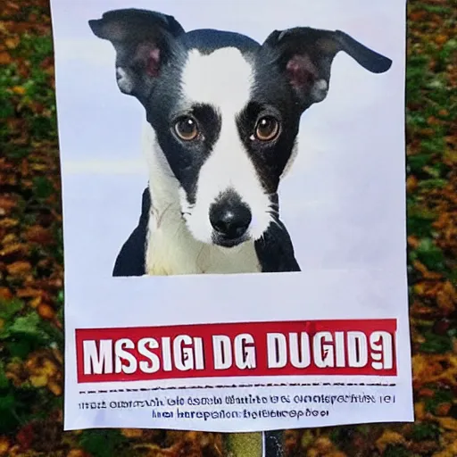 Prompt: missing dog poster stapled to telephone pole
