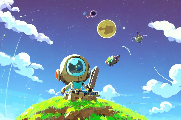 Prompt: computer game art, a flying buddy robot nearby, a small planet in the future, a Tinker's shack on a barren planet, wild berry vines, a berry farm, space junk, volcanoes, in the style of studio ghibli and No Man's Sky and Breath of the Wild