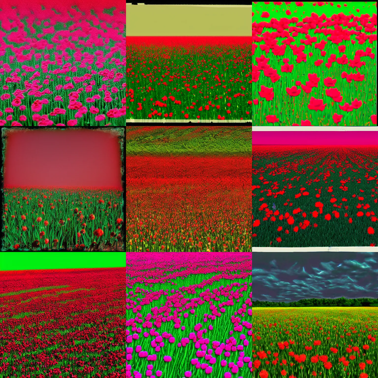 Prompt: award winning photograph of a field of flowers, anaglyph filter