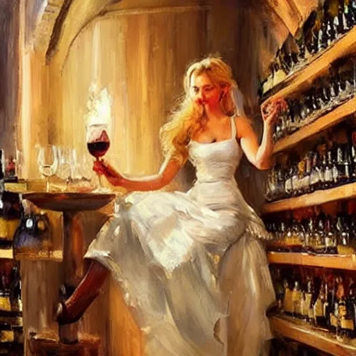 Image similar to beautiful blonde in hot dress in a wine cellar, food, pork, beer, schnapps, rustic, traditional, torches on the wall, acrylic painting by vladimir volegov and anders zorn, highly detailed, beautiful interior, masterpiece