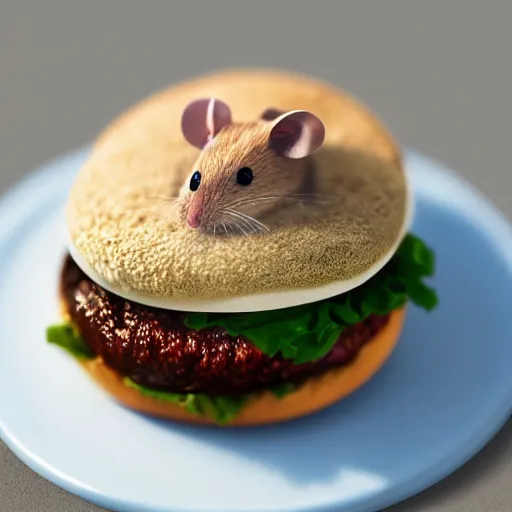 Prompt: a realistic image of a mouse on top of a hamburger, hyper realistic, macro photo, very detailed