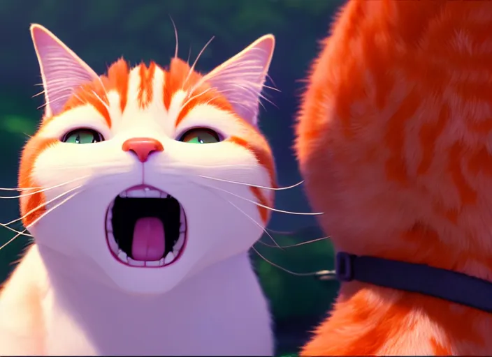 Image similar to a portrait of ginger cat yawning, close up, studio ghibli, pixar and disney animation, sharp, rendered in unreal engine 5, clear sky, anime key art by greg rutkowski, bloom, dramatic lighting