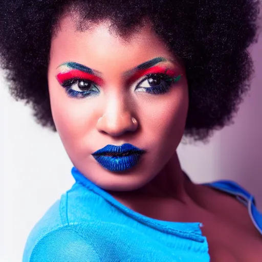 Prompt: a realistic model photoshoot of a black girl with blue afro hair, beautiful, model, professional picture, realistic, 4 k, bright light, portrait