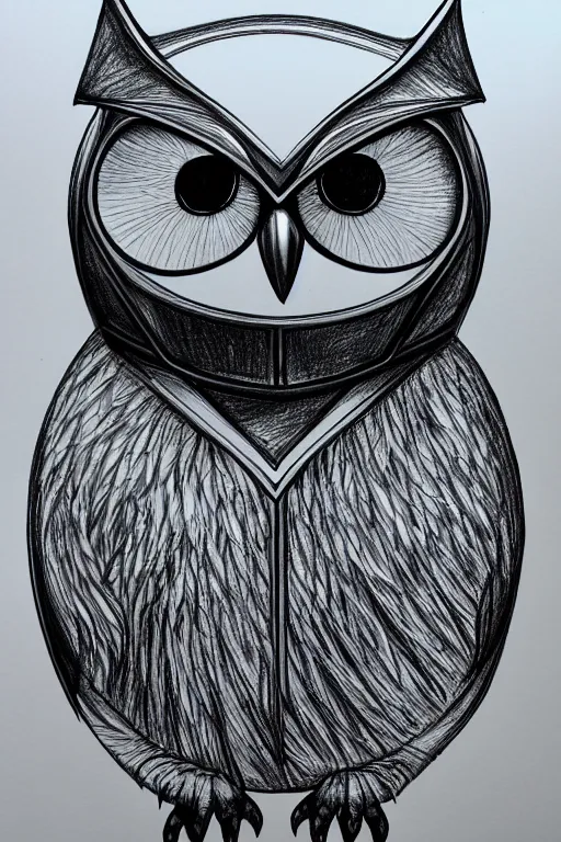 Prompt: drawing of an mechanical owl, she is made from stainless steel and leathwr