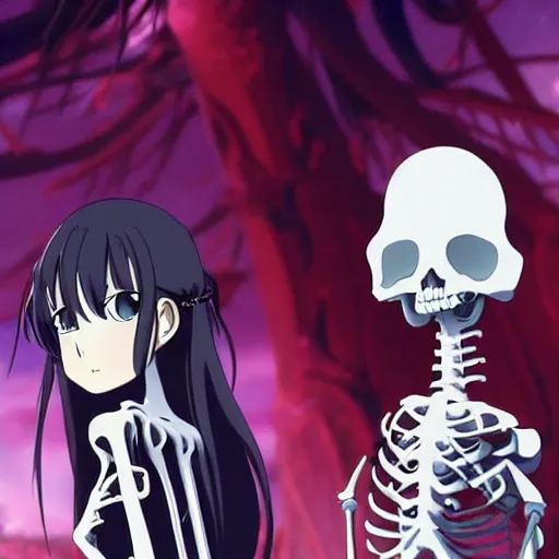 Image similar to anime key visual for a female necromancer and her skeleton friend, from a slice of life anime. tv anime series, kyoto animation, by phil noto ( 2 0 2 2 )