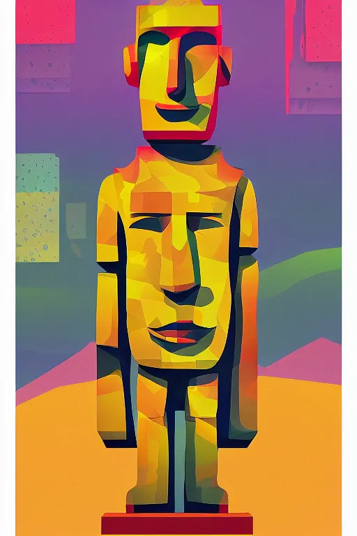 Image similar to cubist moai statue cutout digital illustration cartoon colorful beeple