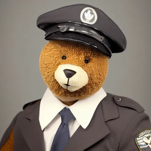 Prompt: studio portrait photograph of a smiling teddy bear in a pilot's uniform