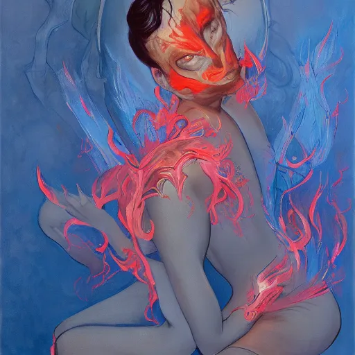 Image similar to a painting of a fire nymph by james jean, high detail, trending on artstation