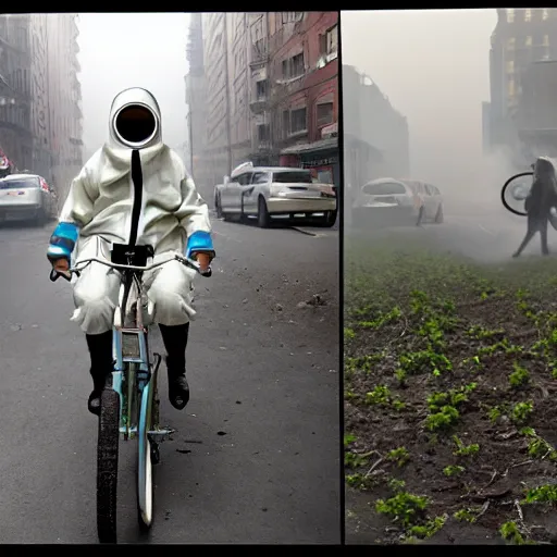 Image similar to a photo of a female wearing a hazmat suit, riding a bike, side-view, smoke in the background, filthy streets, broken cars. Vines growing. Jpeg artifacts. Full-color photo. Color color color color color. Award-winning photo. OM system 12–40mm PRO II 40mm, 1/100 sec, f/2 8, ISO 800