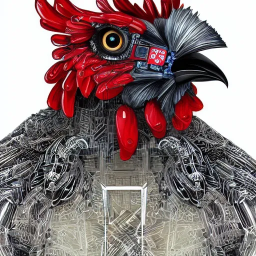 Image similar to a portrait of a intricate robotic rooster wearing a hoodie, artstation, illustration