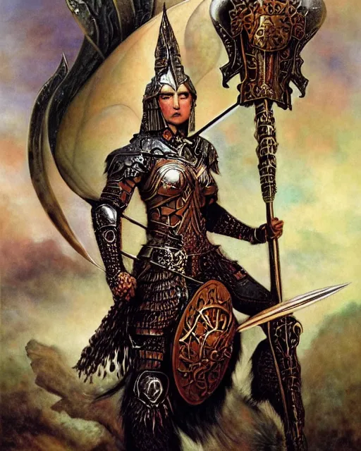 Image similar to a fierce and muscular warrior princess in full armor, fantasy character portrait by howard david johnson, kay nielsen, yael nathan