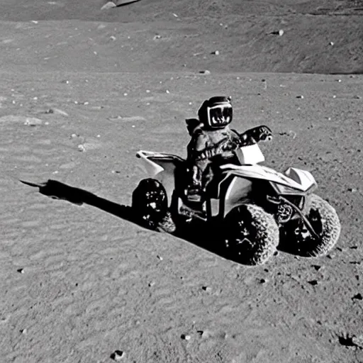 Prompt: photo of monkey wearing a space helmet riding an atv on the moon,