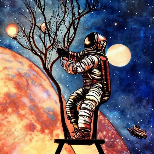 Prompt: Astronaut sitting on the tree, watching sunset, artwork by Ayami Kojima, deviantart contest winner,