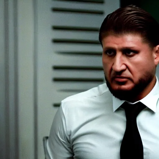 Prompt: Ramzan Kadyrov as The American Psycho, cinematic still