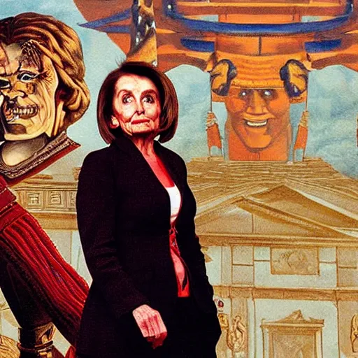 Image similar to nancy pelosi standing in front of 1 6 th century backdrop replacing vigo the carpathian, scourge of moldavia. she ominously stares. painting by lou police for ghostbusters 2.