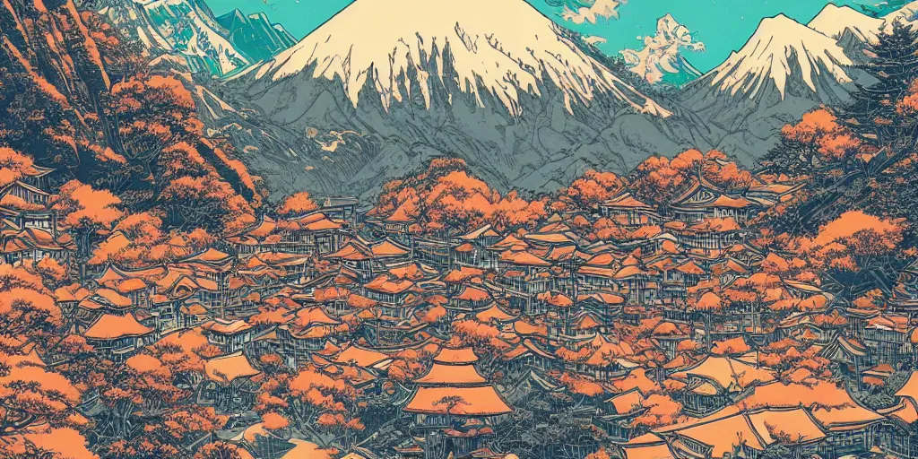 Prompt: a japanese village high in mountains, detailed landscape, symmetry, landscape concept by moebius and laurie greasley, very colorful, fantastic landscape, 8 k, cinematic color grading
