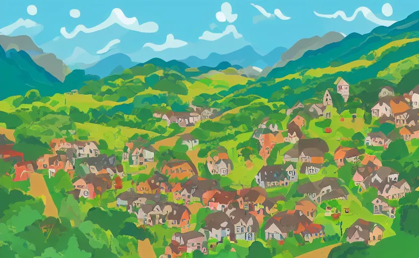 Prompt: a small village in a valley, villagers busy farming, a dragon approaching from a distance, zoomed in, vector, storybook, gouache, flat, sharp edges, concept art, print