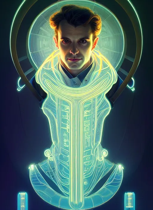 Image similar to symmetry!! portrait of nicola tesla male, chemisty, sci - fi, glowing lights!! intricate, elegant, highly detailed, digital painting, artstation, concept art, smooth, sharp focus, illustration, art by artgerm and greg rutkowski and alphonse mucha, 8 k