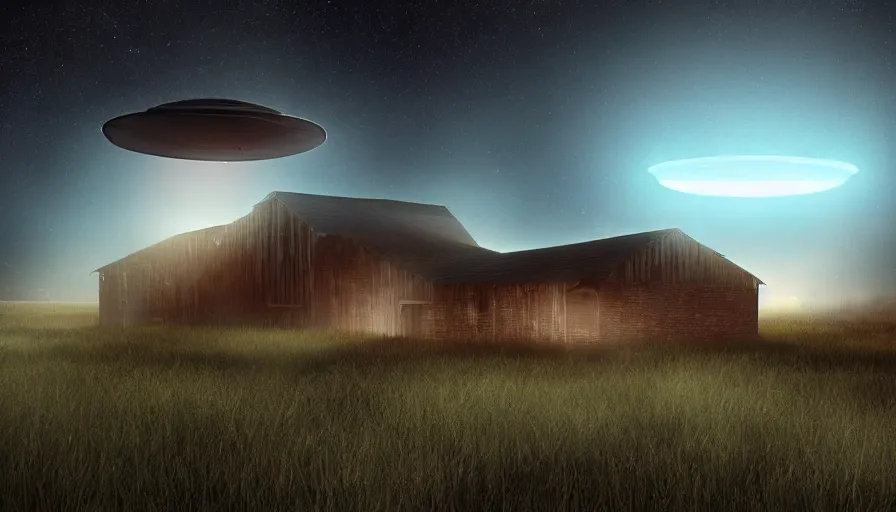 Prompt: a ufo floats over a broken barn, debris floats upwards, volumetric lighting, night, photorealistic rendering, color palette, 8 k, hyperdetailed