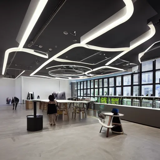 Prompt: interior photography of a Microsoft Samsung flagship store, black walls, portfolio, balanced, wood, eye-catching, polished concrete, spotlights, verdant plant wall, white neon, award winning interior design, patterns, retaildesignblog, dezeen, 14mm, 8k, cinestill, pentax, film