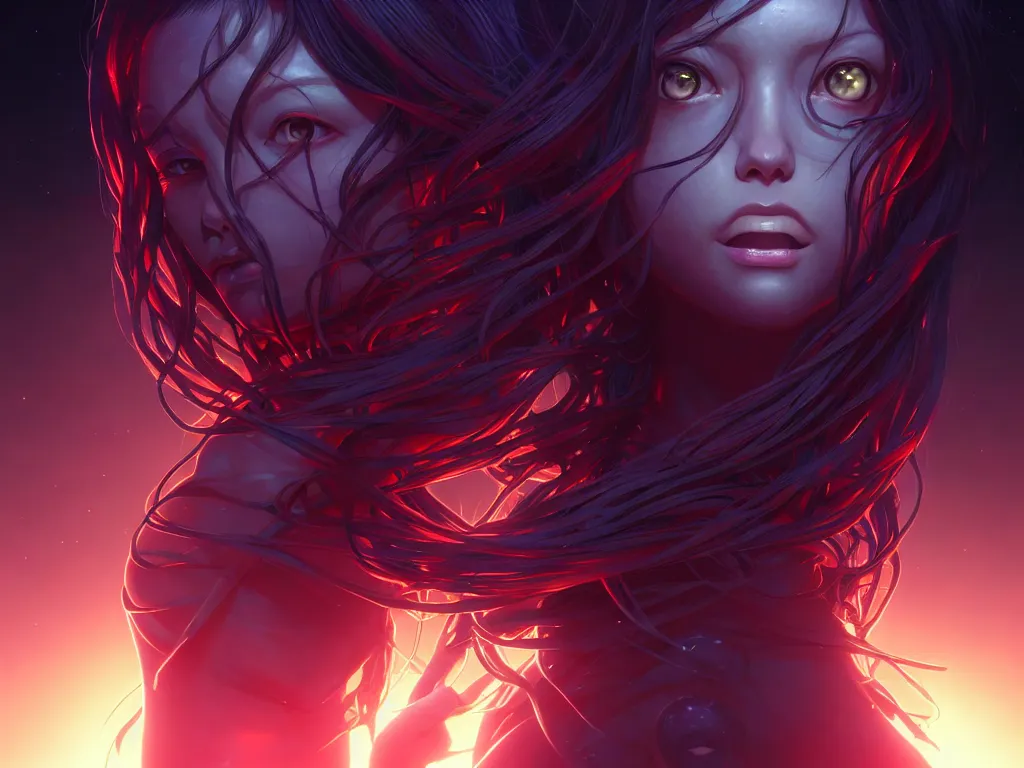 Image similar to azathoth girl save the earth, occlusion shadow, specular reflection, rim light, unreal engine, artgerm, artstation, art by hiroaki samura and ilya kuvshinov and ossdraws, intricate, highly detailed 8 k, cosmic horror illustration, extremely beautiful and aesthetic shape of face and body, movie poster