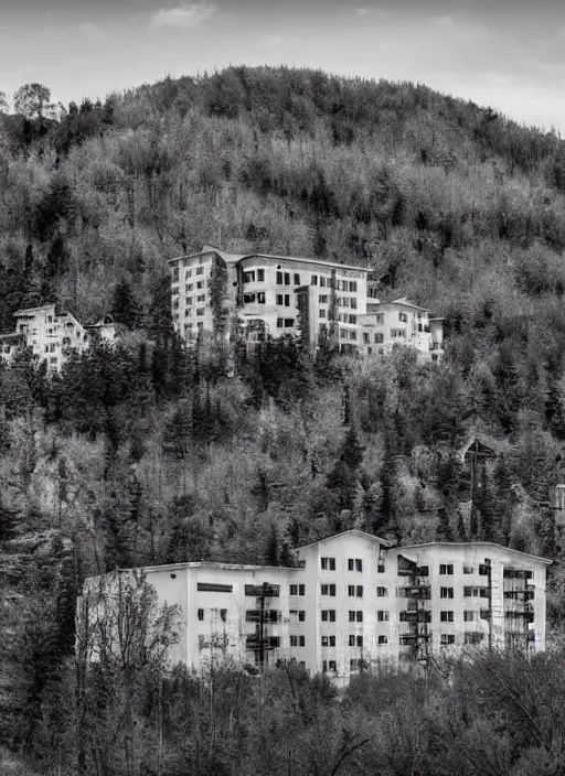 Image similar to old lost footage in black and white of a sanatorium on a beautiful mountain,hyper realistic 8K HD real life photo