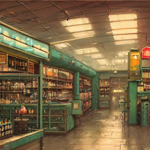 Prompt: concept art of a wooden decorated liquor store on the coast, a very misty day, industrial surrounding, painted pale yellow and green, old tv and radio hardware, a neon sign, by ian mcque ferdinand knab, makoto shinkai and, artgerm, pixar, ilya kuvshinov,, tom bagshaw, global illumination