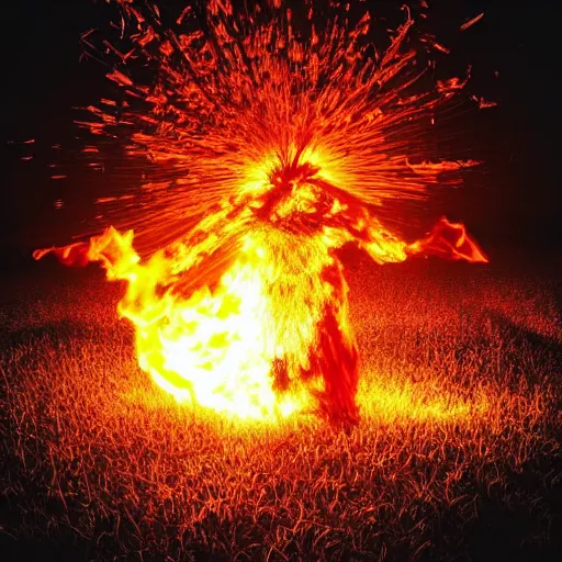 Prompt: “burning glowing scarecrow on fire engulfed in flames in a cornfield at darkest midnight, glowing embers raining down from the sky. Flash photograph.”