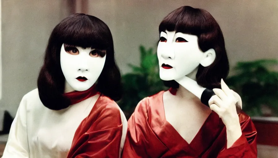 Prompt: 60s movie still of a white japanese female phantom with a flesh beak, eastmancolor, heavy grain, high quality, higly detailed, liminal space