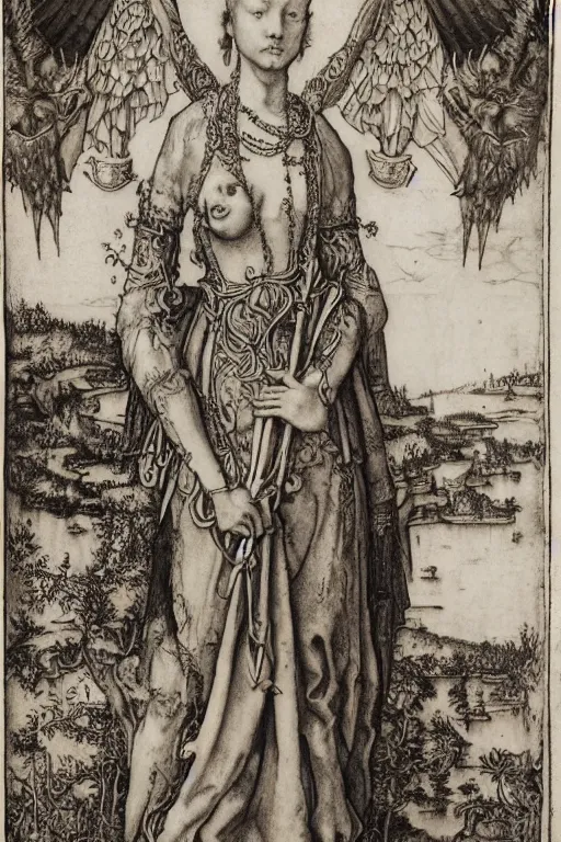 Image similar to albrecht durer, albrecht altdorfer, hans holbein, lucas cranach, gustave dore, engraving-style tattoo of regal female boddhisatva with the attributes of Diana, Athena, Guanyin, Shakti, Isthar, Deborah, and Seshat, wearing a robe, standing gracefully upon a lotus, surrounded by egrets and northern wetland flora