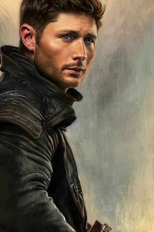 Image similar to a detailed matte portrait of an jensen ackles dressed as has solo after falling to the dark side, masterpiece, 8 k, art by alphonse mucha and greg rutkowski