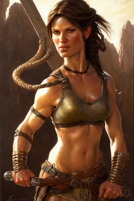 Image similar to muscular sweat lara croft wearing viking armor, highly detailed painting by gaston bussiere, craig mullins, j. c. leyendecker 8 k