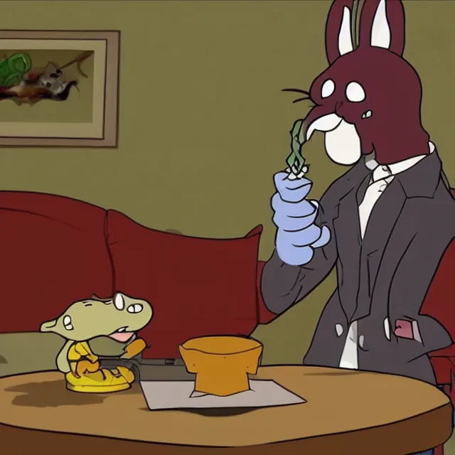 Prompt: still of max from sam and max smoking