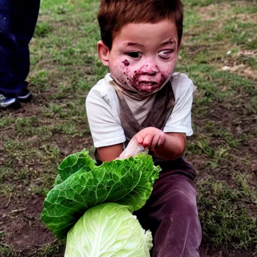 Prompt: a kid infused with a cabbage. Graphic. Horrific. Sad.